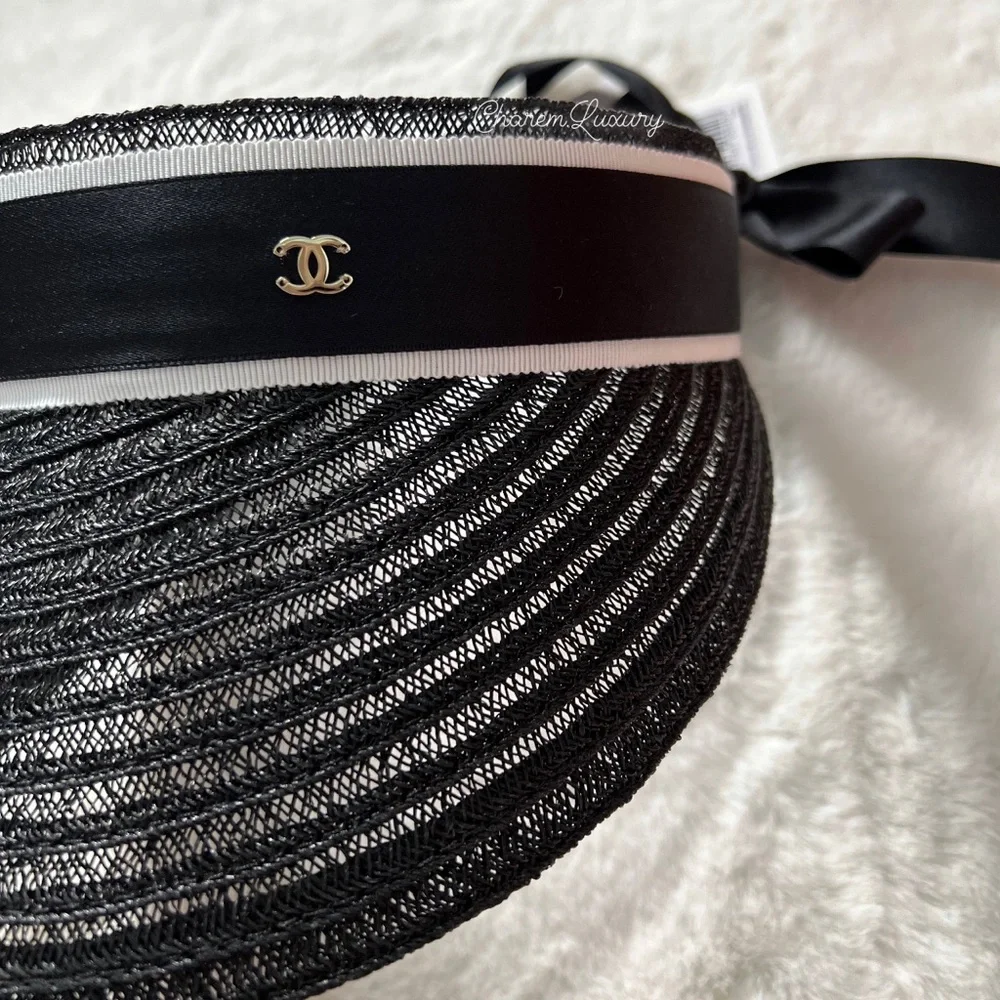 Brand NEW! 🖤 Chanel Sun Visor CC gold Logo 🖤 black white trim M Size Women Hat - Picture 2 of 8